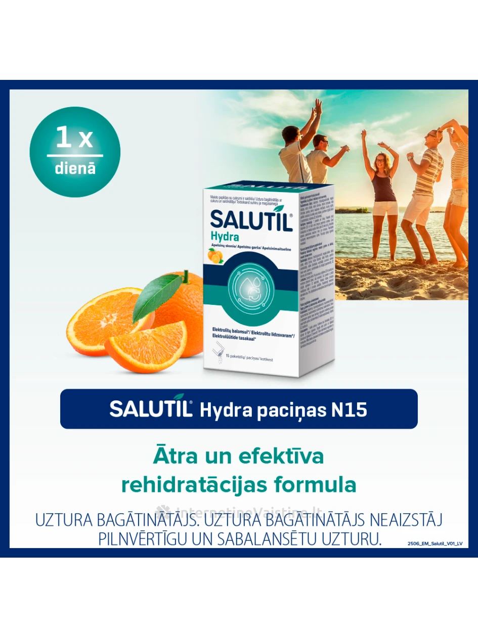 SALUTIL maisto papildas milteliais HYDRA (elektrolitai), 15 paketėlių | internetinevaistine.lt