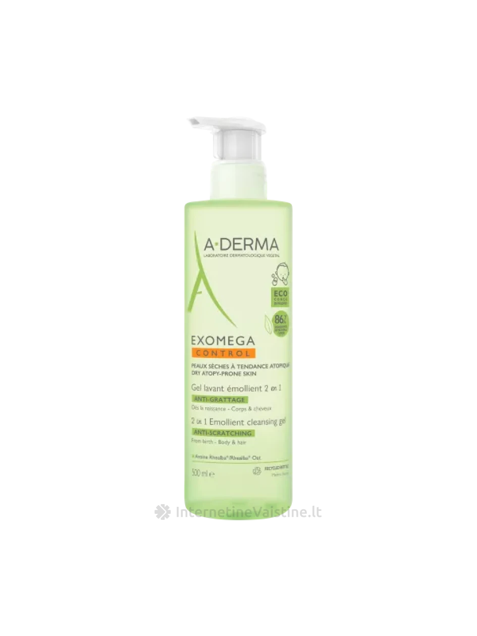 A-DERMA prausimosi gelis - emolientas veidui, kūnui ir plaukams EXOMEGA CONTROL 2 IN 1, 500 ml | internetinevaistine.lt