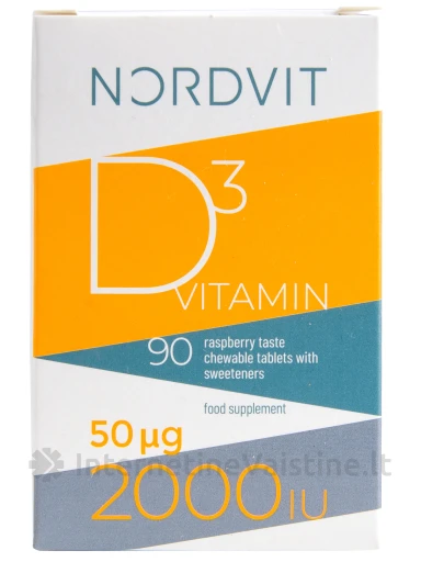NORDVIT D3 VITAMIN 50µg 2000IU - Vitamino D3 aviečių skonio kramtomosios tabletės su saldikliais, N90 | internetinevaistine.lt