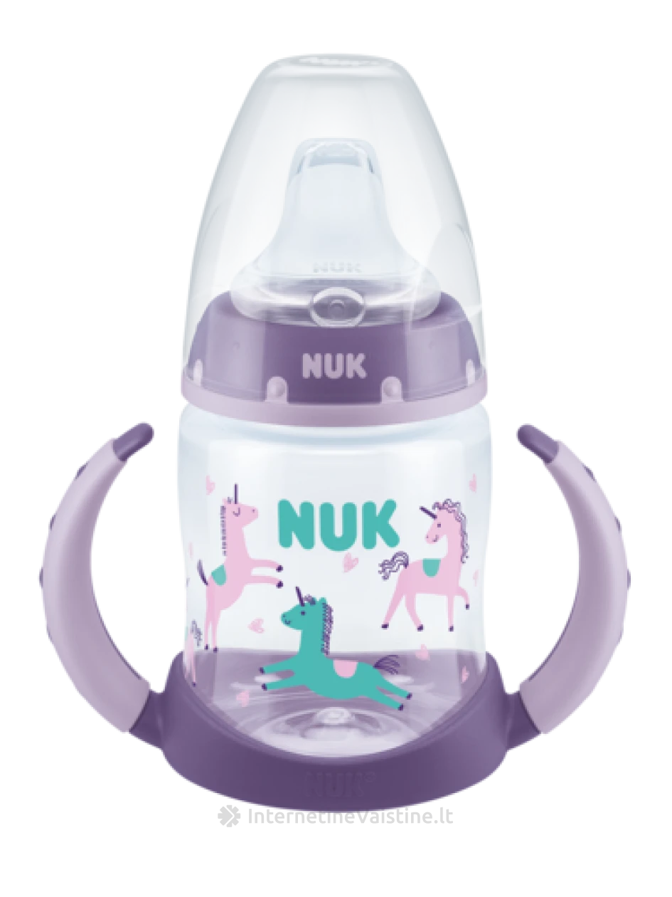 NUK buteliukas FIRST CHOISE mokom. 150ml, su silik. gėrimo galvute ir temp. indik. (6-18mėn.), su silik. gėrimo galvute ir temp. indik. (6-18mėn.) | internetinevaistine.lt
