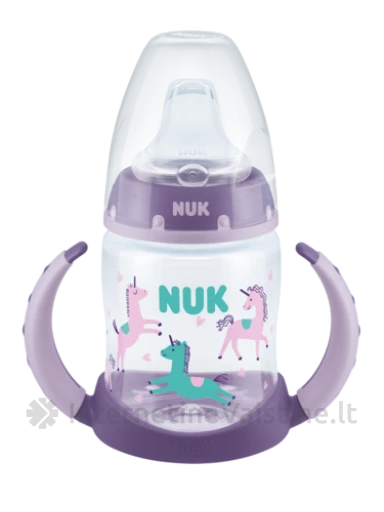 NUK buteliukas FIRST CHOISE mokom. 150ml, su silik. gėrimo galvute ir temp. indik. (6-18mėn.), su silik. gėrimo galvute ir temp. indik. (6-18mėn.) | internetinevaistine.lt