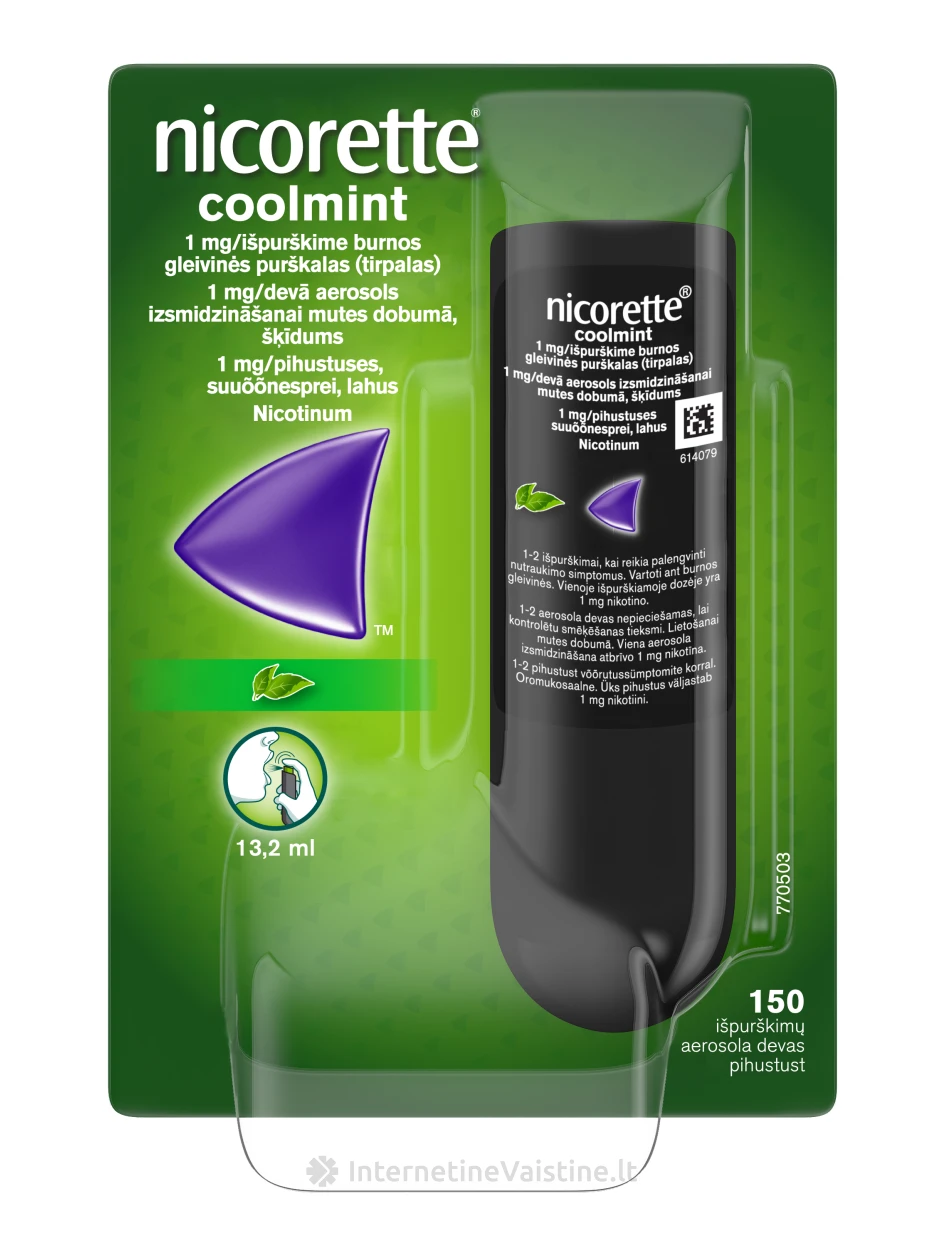 NICORETTE COOLMINT 1 mg/išpurškime burnos gleivinės purškalas 150 išpurškimų N1 | internetinevaistine.lt