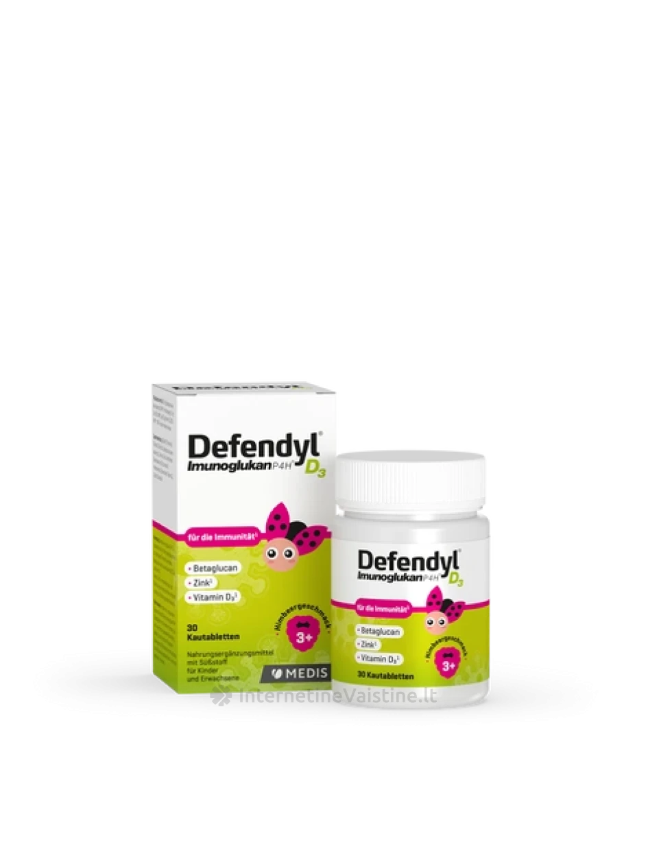 DEFENDYL-IMUNOGLUKAN P4H D3 JUNIOR, aviečių skonio, nuo 3 m., 30 kramtomųjų tablečių | internetinevaistine.lt