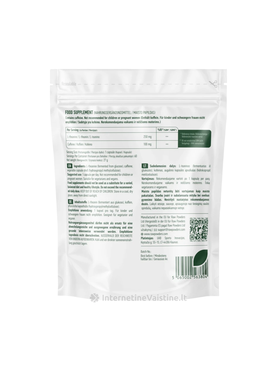 RAW POWDERS, L-teaninas + Kofeinas PLUS kaps., N60 | internetinevaistine.lt