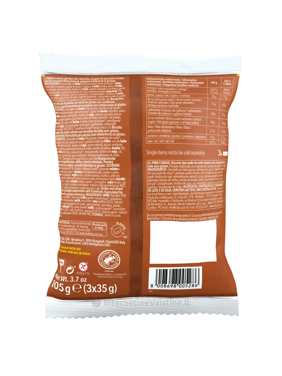 Schär SNACK - šokoladiniai vafliai su lazdynų riešutų kremu be glitimo, 105g | internetinevaistine.lt