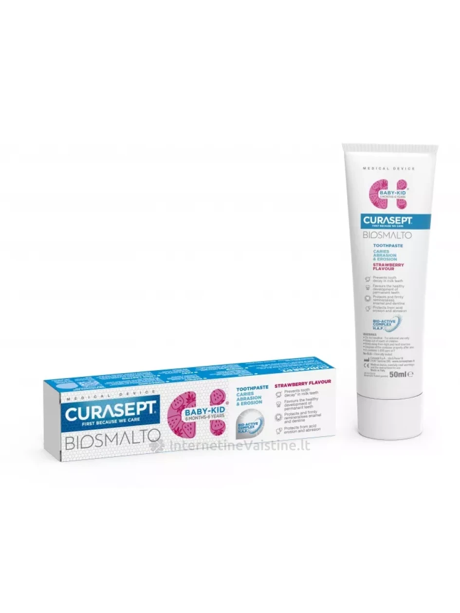 CURASEPT Biosmalto Baby Kids dantų pasta (braškė), 50 ml (iki 6m.), Vnt | internetinevaistine.lt