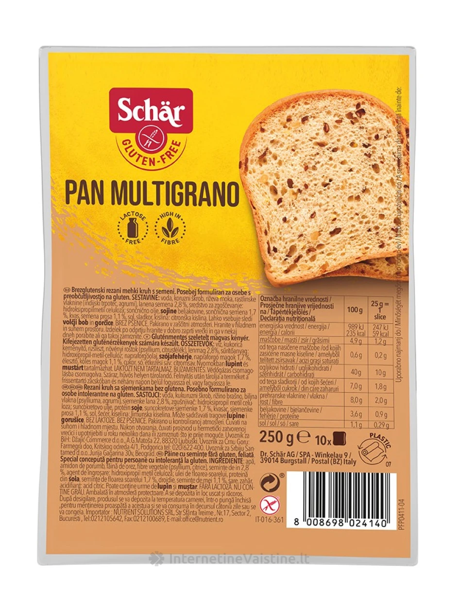 Schär PAN MULTIGRANO – raikyta duona su grūdais be glitimo, 250g | internetinevaistine.lt