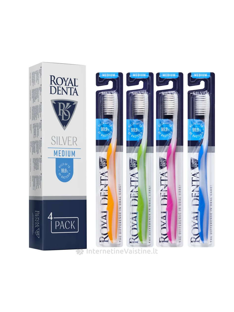 ROYAL DENTA dantų šepetėlių rinkinys SILVER MEDIUM, 4 vnt. | internetinevaistine.lt