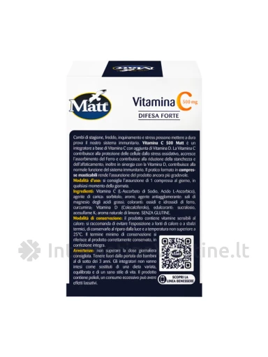 MATT Vitamina C 500 Difesa Forte, maisto papildas su vitaminais C ir D, 20 kramtomųjų tablečių, 20 kramtomųjų tablečių | internetinevaistine.lt