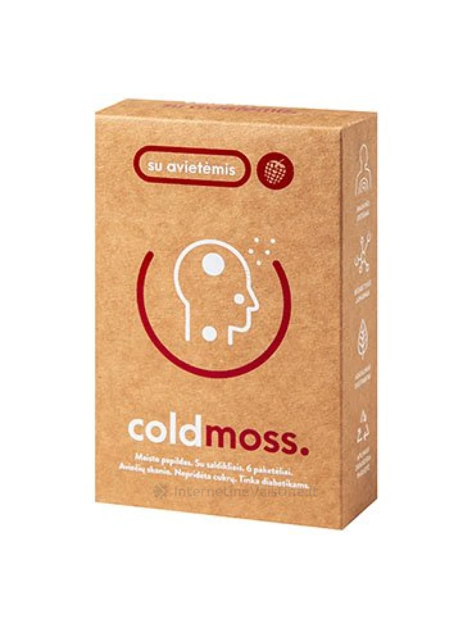 COLDMOSS milteliai geriamajam tirpalui aviečių skoniui 15g, 6 paketeliai (be cukr.) | internetinevaistine.lt
