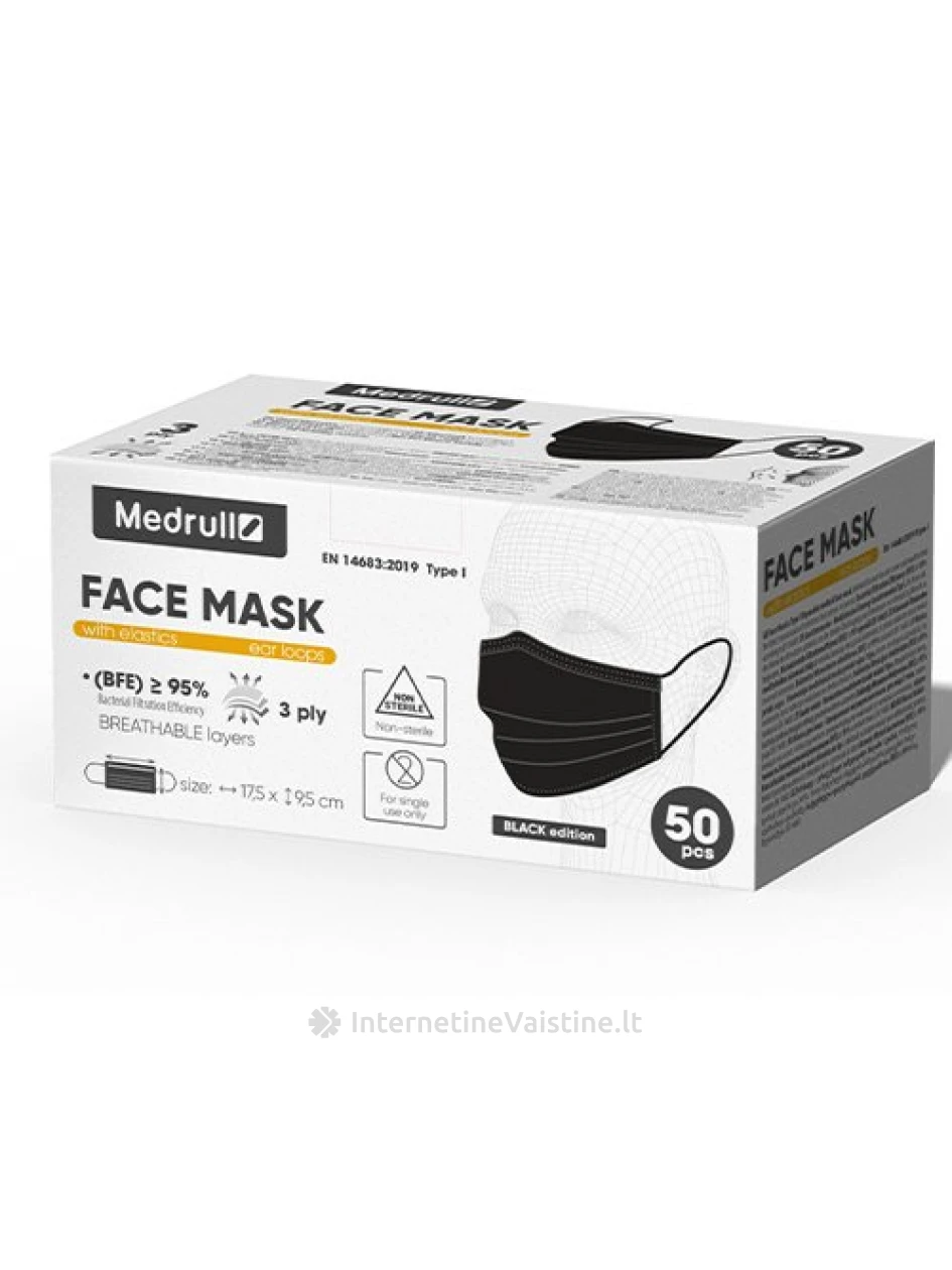 Medrull medicininės kaukės 3-sluoksniai (su gumytėm) 50 vnt. juoda sp. | internetinevaistine.lt