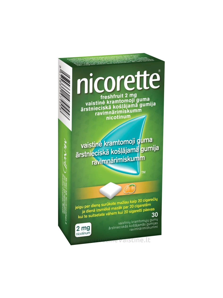 NICORETTE FRESHFRUIT 2 mg vaistinė kramtomoji guma N30 | internetinevaistine.lt