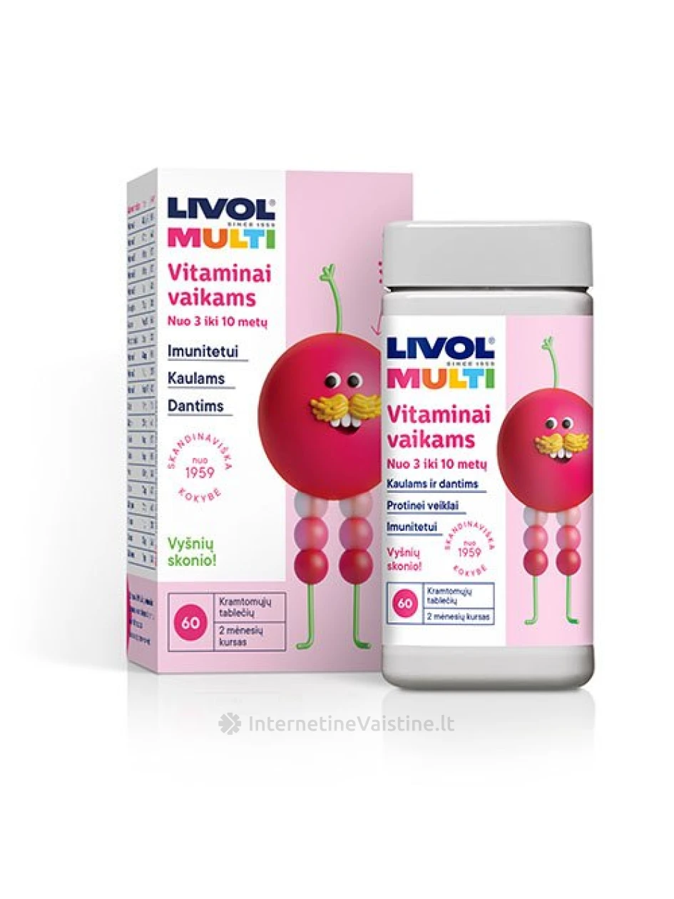 LIVOL MULTI Total kramtomosios vyšnių skonio tabletės vaikams, N60 | internetinevaistine.lt