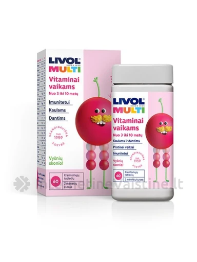 LIVOL MULTI Total kramtomosios vyšnių skonio tabletės vaikams, N60 | internetinevaistine.lt