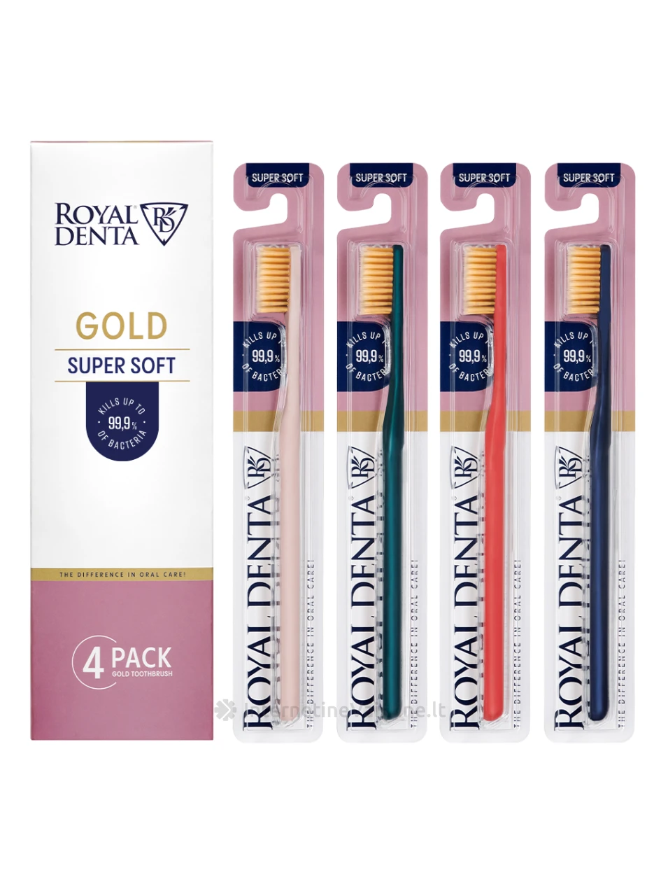 ROYAL DENTA ypač minkštų dantų šepetėlių rinkinys GOLD SUPER SOFT, 4 vnt | internetinevaistine.lt