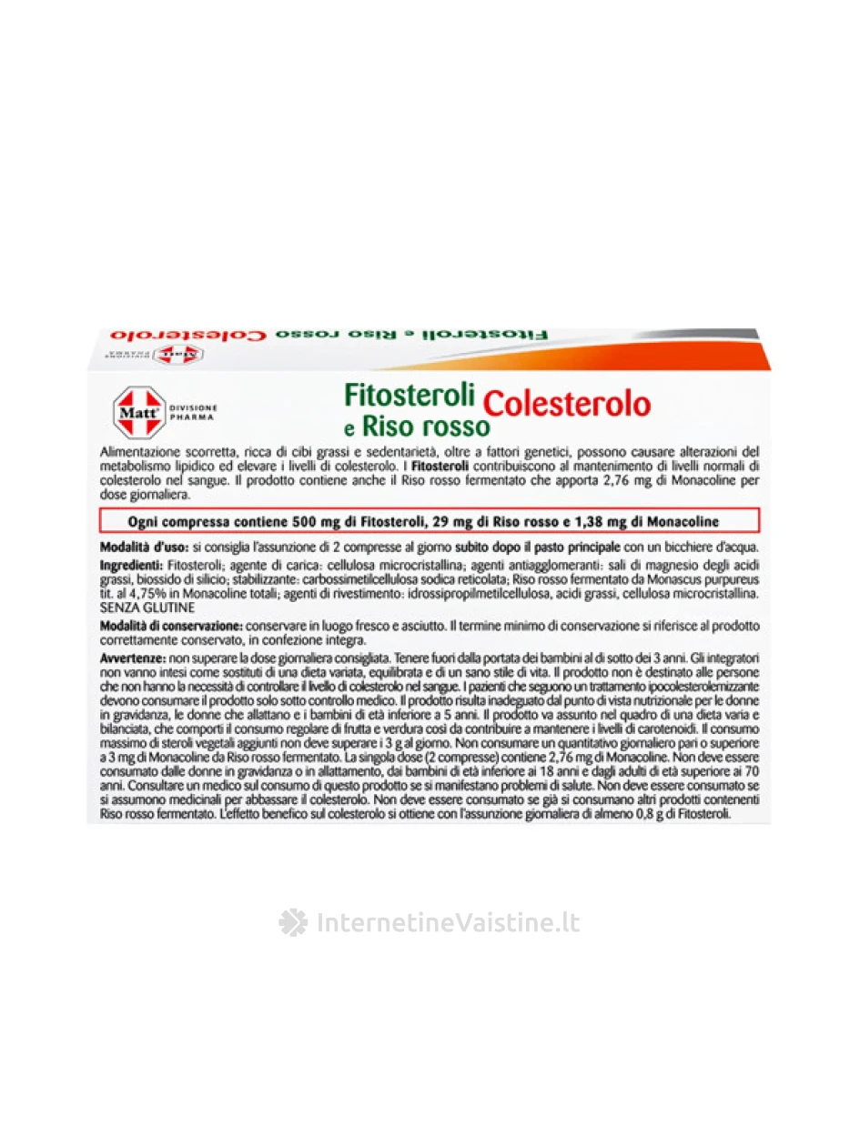 MATT DIVISIONE PHARMA Fitosteroli e Riso Rosso, maisto papildas cholesterolio balansui palaikyti, 40 tablečių, 40 tablečių | internetinevaistine.lt