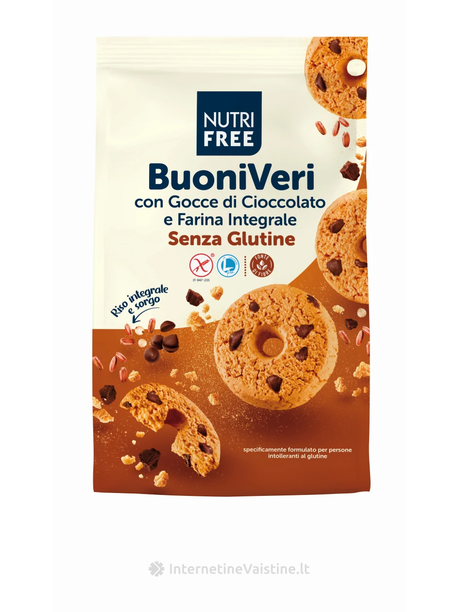 NUTRIFREE BUONI VERI - sausainiai su šokolado gabaliukais be glitimo, 250g | internetinevaistine.lt