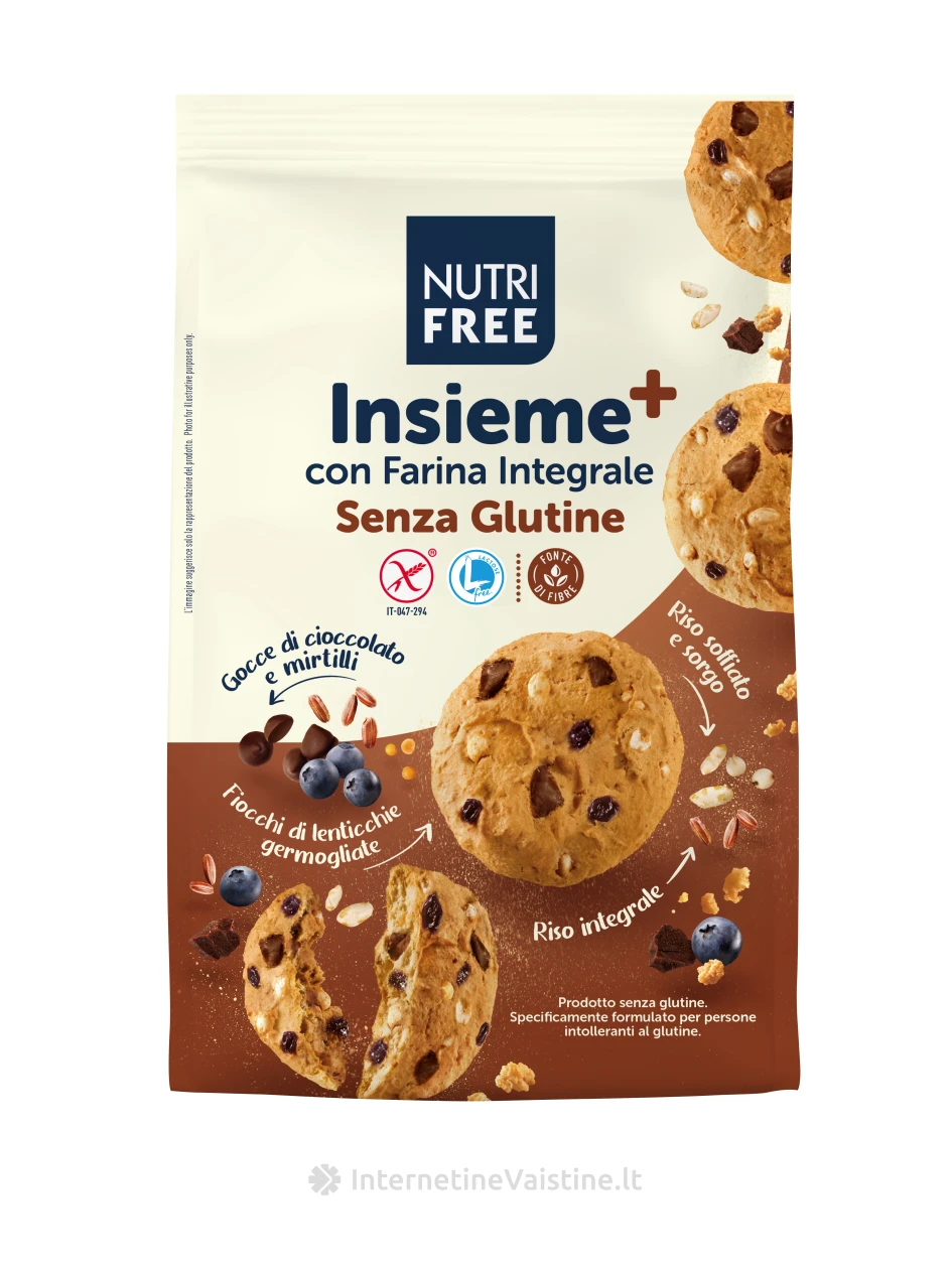 NUTRIFREE INSIEME+ - sausainiai su mėlynėmis ir šokolado gabaliukais, be glitimo, 250g | internetinevaistine.lt