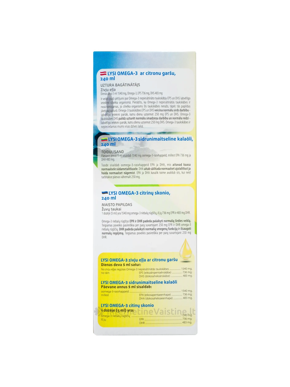 Lysi OMEGA-3 - citrinų skonio žuvų taukai, 240 ml | internetinevaistine.lt
