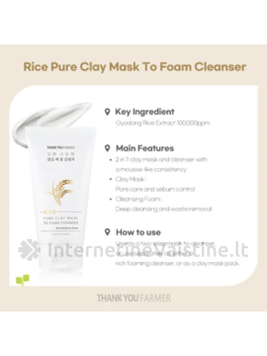 THANK YOU FARMER Rice Pure Clay Mask/Foam valiklis 2in1, 150 ml | internetinevaistine.lt