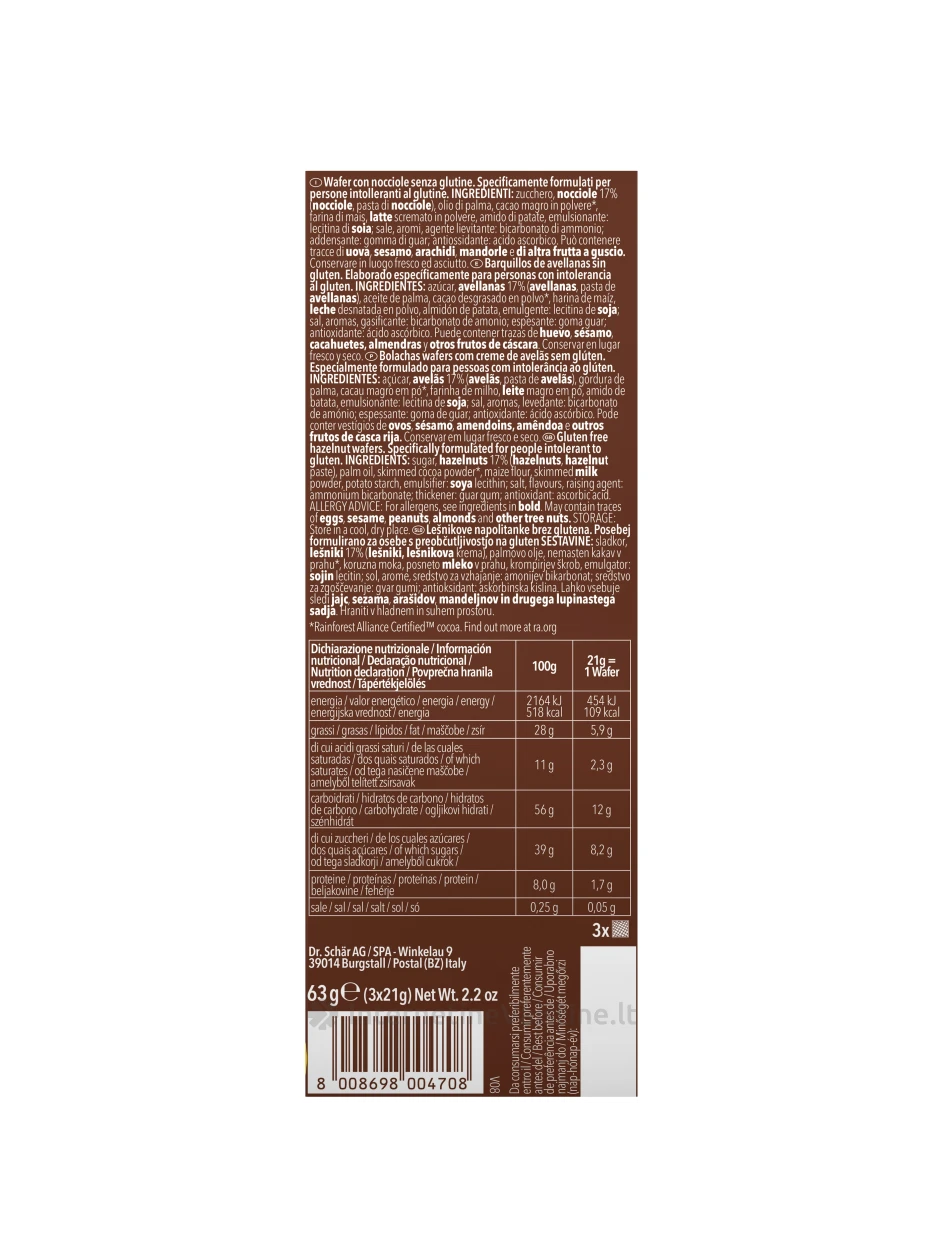 Schär NOCCIOLI - vafliai su riešutų kremo pertepimu be glitimo, 63g | internetinevaistine.lt