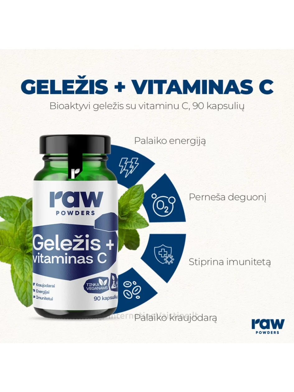 RAW POWDERS BioActive Iron and Vitamin C kaps. N90, 90 vnt. | internetinevaistine.lt
