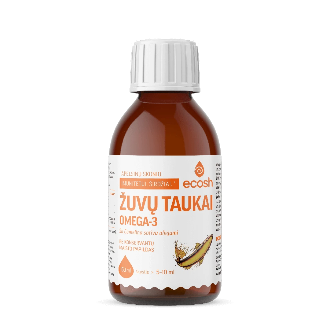 ECOSH maisto papildas žuvų taukai su Camelina Sativa aliejumi, apelsinų skonio, 150 ml