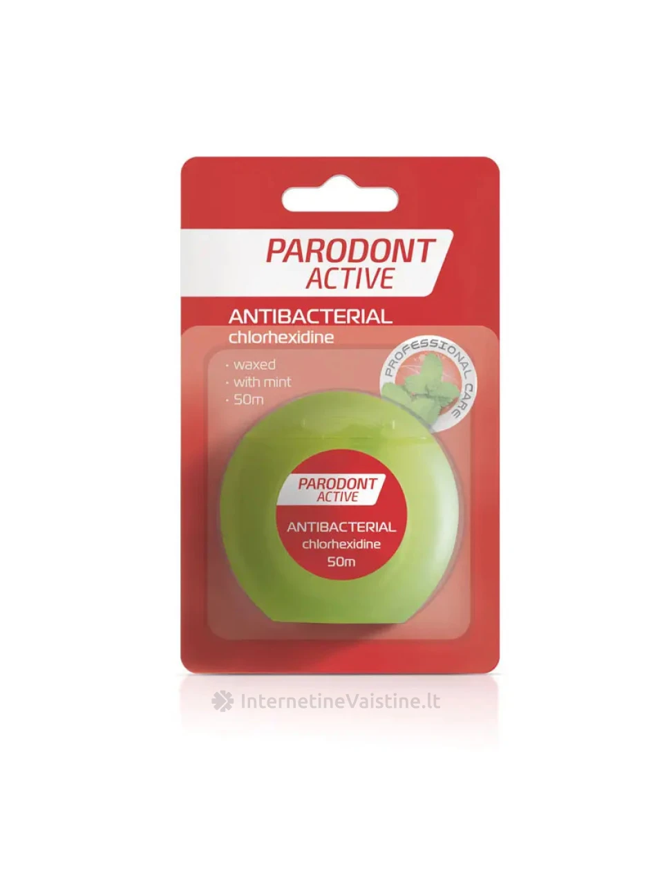 PARODONT ACTIVE, tarpdančių siūlas su chlorheksidinu, 50 m | internetinevaistine.lt