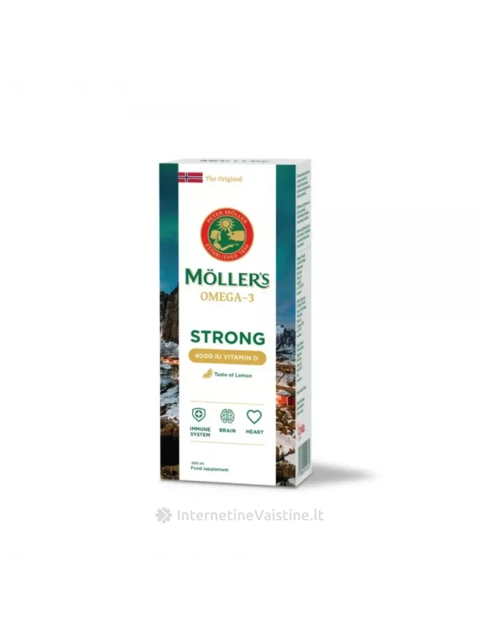 MOLLERS maisto papildas žuvų taukai OMEGA-3 STRONG VITAMIN D 4000 TV, 250 ml | internetinevaistine.lt