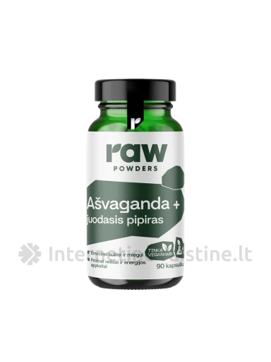 RAW POWDERS Ashwagandha and Black Pepper PLUS kaps. N90 | internetinevaistine.lt