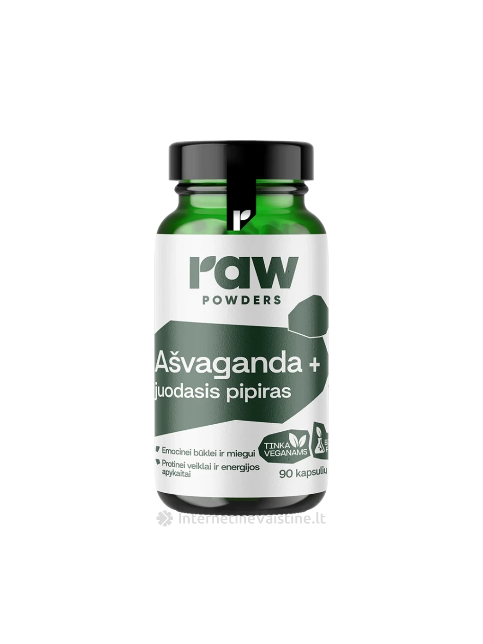 RAW POWDERS Ashwagandha and Black Pepper PLUS kaps. N90 | internetinevaistine.lt