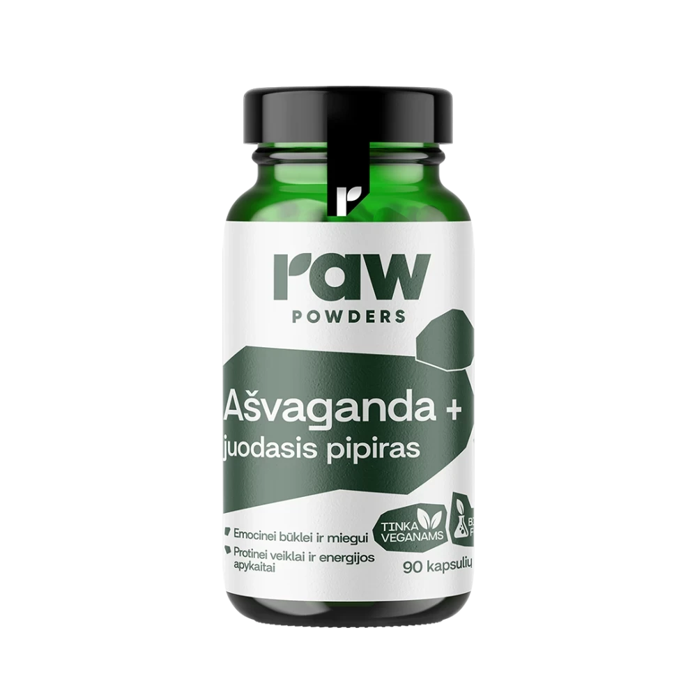 RAW POWDERS Ašvaganda su juoduoju pipiru PLUS, 90 kapsulių