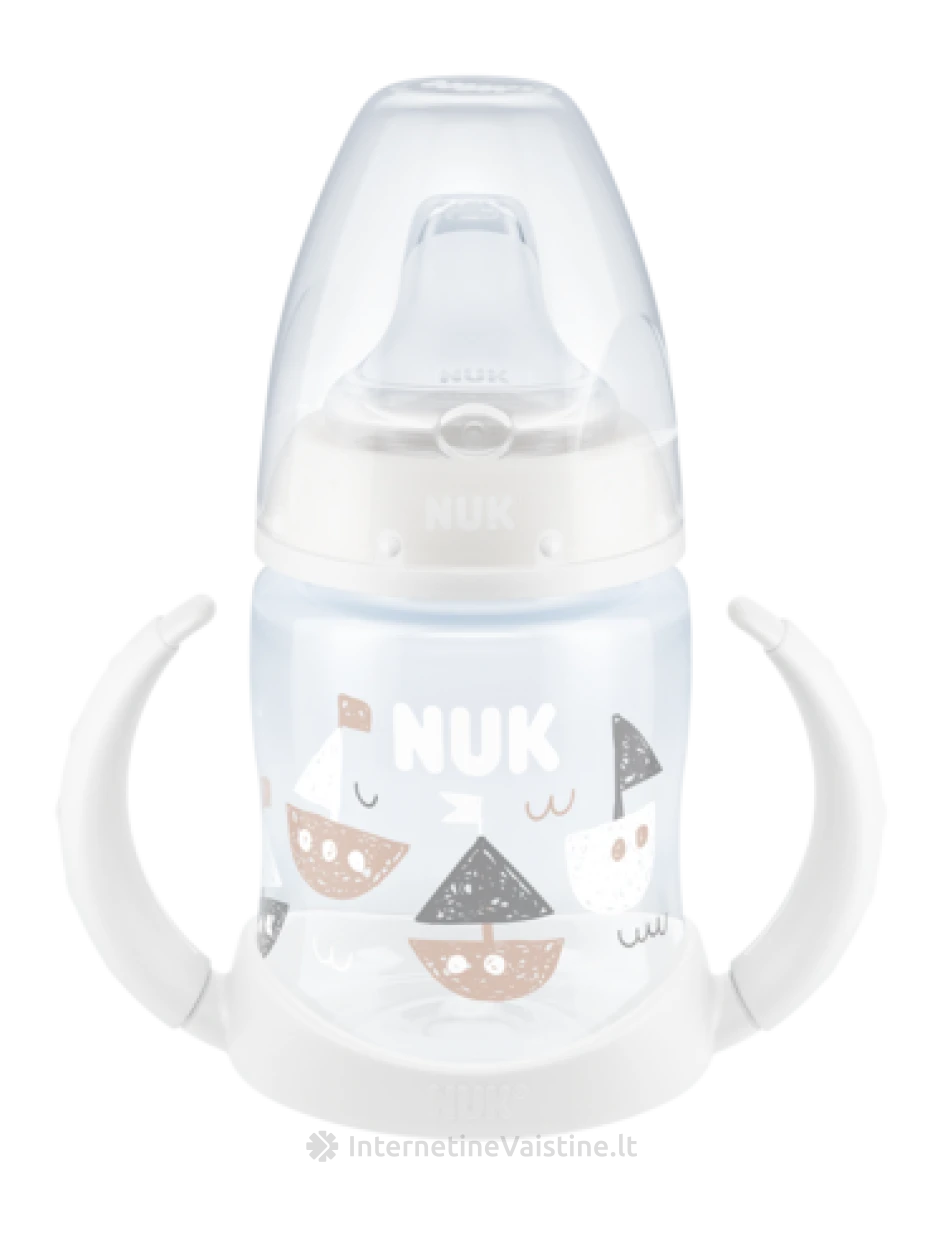 NUK buteliukas FIRST CHOISE mokom. 150ml, su silik. gėrimo galvute ir temp. indik. (6-18mėn.), su silik. gėrimo galvute ir temp. indik. (6-18mėn.) | internetinevaistine.lt