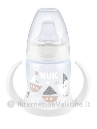NUK buteliukas FIRST CHOISE mokom. 150ml, su silik. gėrimo galvute ir temp. indik. (6-18mėn.), su silik. gėrimo galvute ir temp. indik. (6-18mėn.) | internetinevaistine.lt