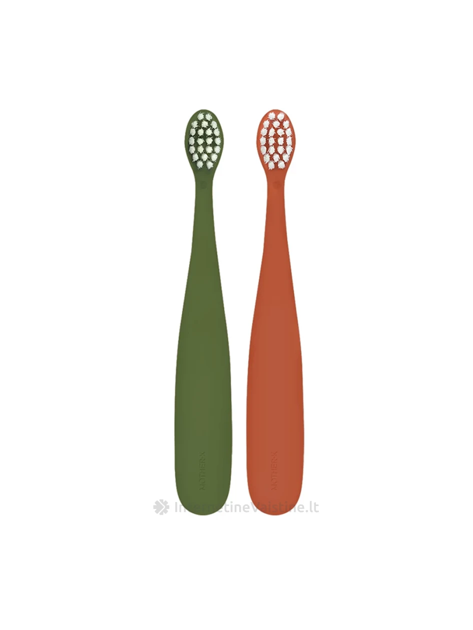 MOTHER-K dantų šepetėliai Mažylio (nuo 1-2m.) 2 vnt. (žalias/rudas), 2 vnt. | internetinevaistine.lt