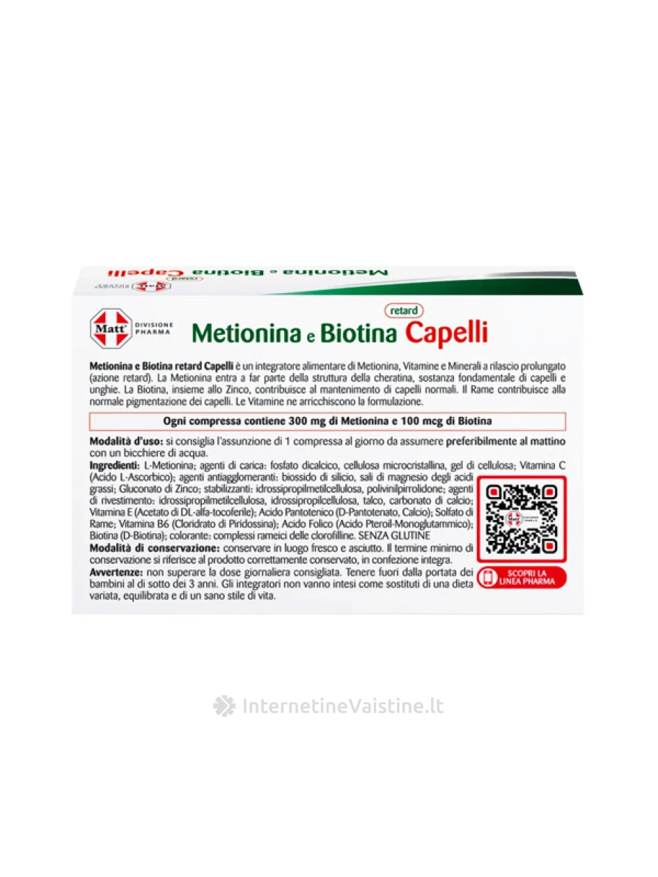 MATT DIVISIONE PHARMA Metionina e Biotina retard, maisto papildas plaukams, 30 tablečių | internetinevaistine.lt