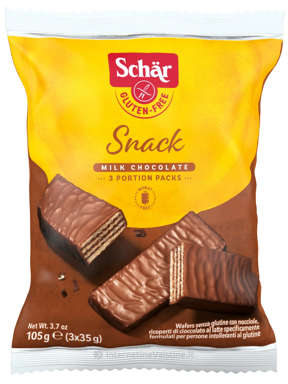 Schär SNACK - šokoladiniai vafliai su lazdynų riešutų kremu be glitimo, 105g | internetinevaistine.lt