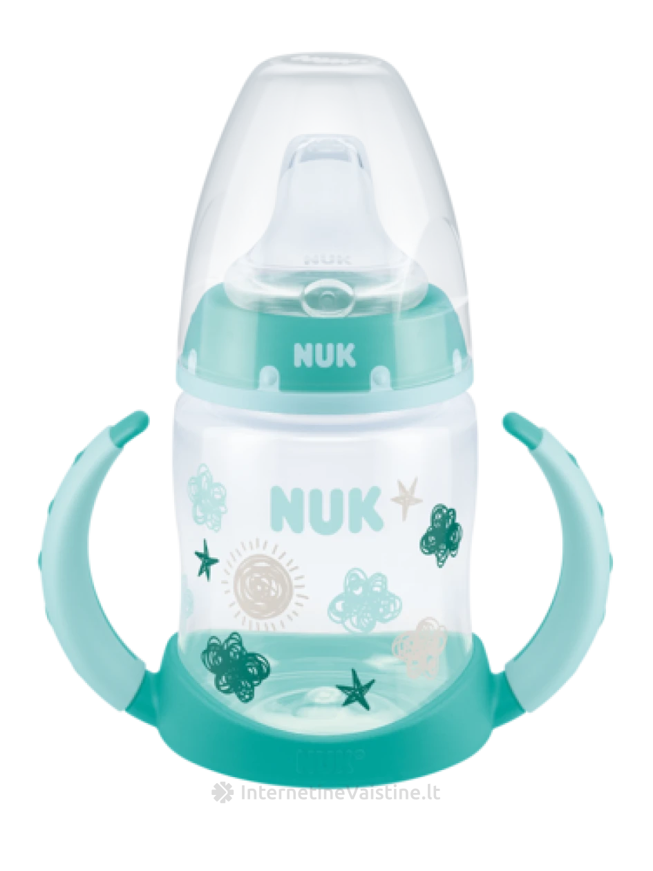 NUK buteliukas FIRST CHOISE mokom. 150ml, su silik. gėrimo galvute ir temp. indik. (6-18mėn.), su silik. gėrimo galvute ir temp. indik. (6-18mėn.) | internetinevaistine.lt