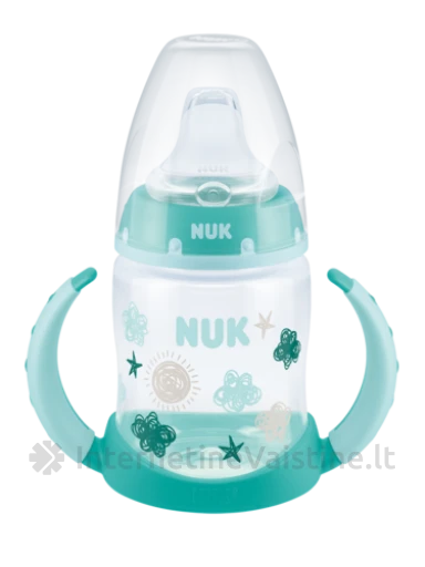 NUK buteliukas FIRST CHOISE mokom. 150ml, su silik. gėrimo galvute ir temp. indik. (6-18mėn.), su silik. gėrimo galvute ir temp. indik. (6-18mėn.) | internetinevaistine.lt