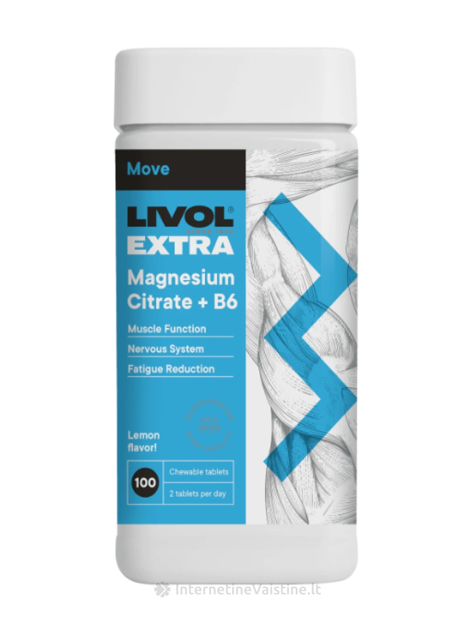 LIVOL EXTRA Magnio citratas + B6 kramtomosios tabletės tab. N100 | internetinevaistine.lt