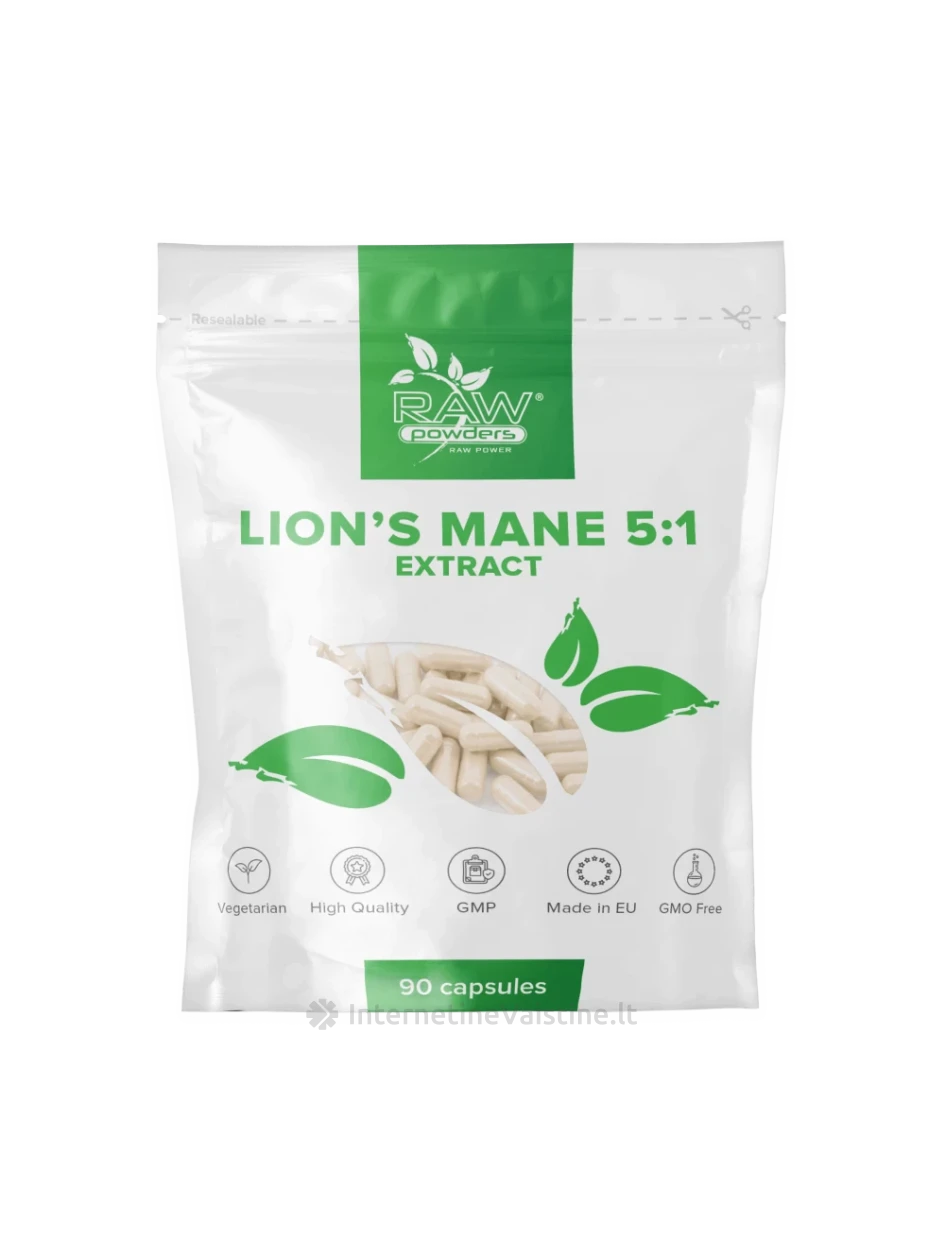 RAW POWDERS Lion`s Mane 5:1 ekstraktas 500mg kaps., N90 | internetinevaistine.lt