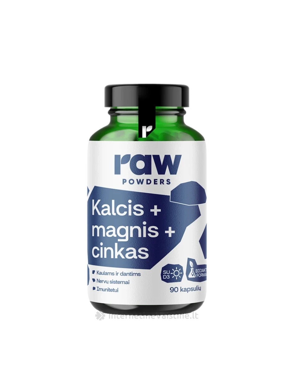 RAW POWDERS Calcium, Magnesium, Zinc PLUS kaps. N90 | internetinevaistine.lt