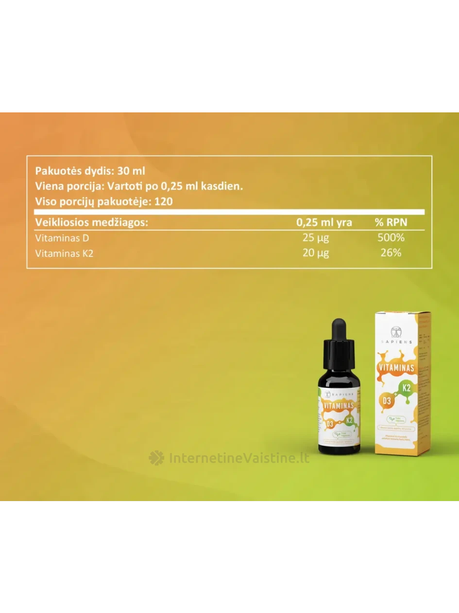 SAPIENS Vitaminas D3 + K2 30ml lašai | internetinevaistine.lt