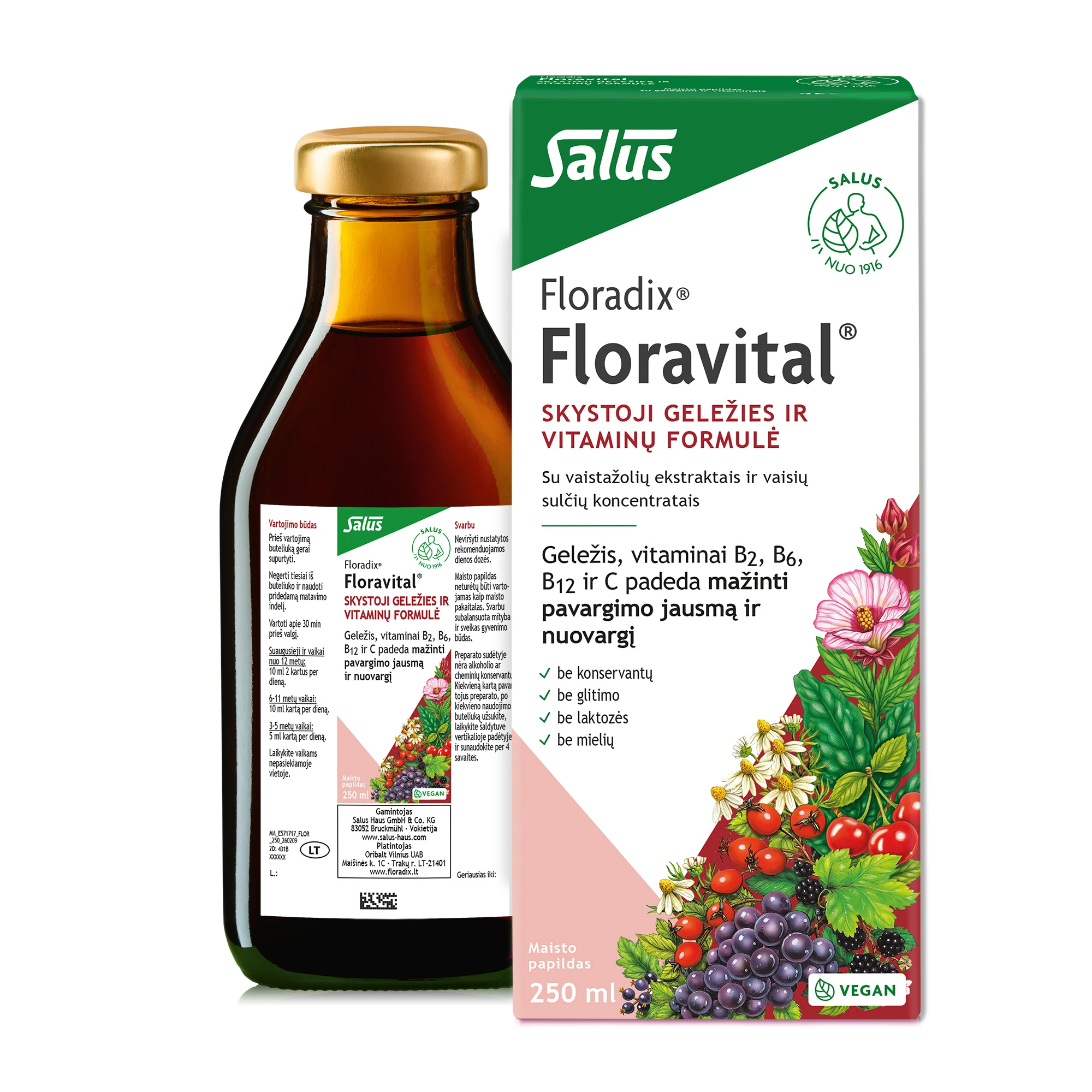 Floradix FLORAVITAL - skystoji geležies ir vitaminų formulė be glitimo, 250ml