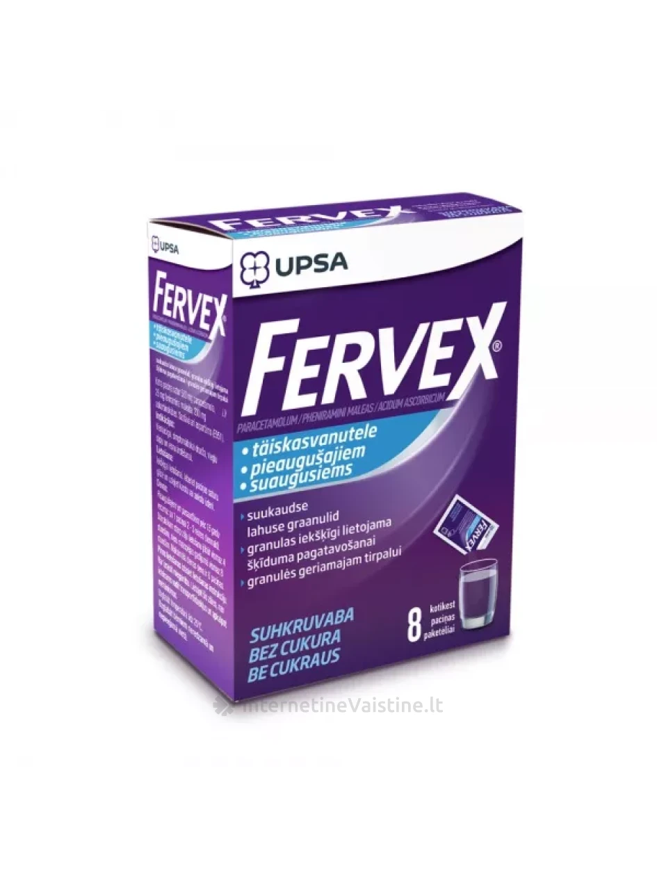 FERVEX 500 mg/200 mg/25 mg granulės geriamajam tirpalui suaugusiems be cukraus N8 | internetinevaistine.lt