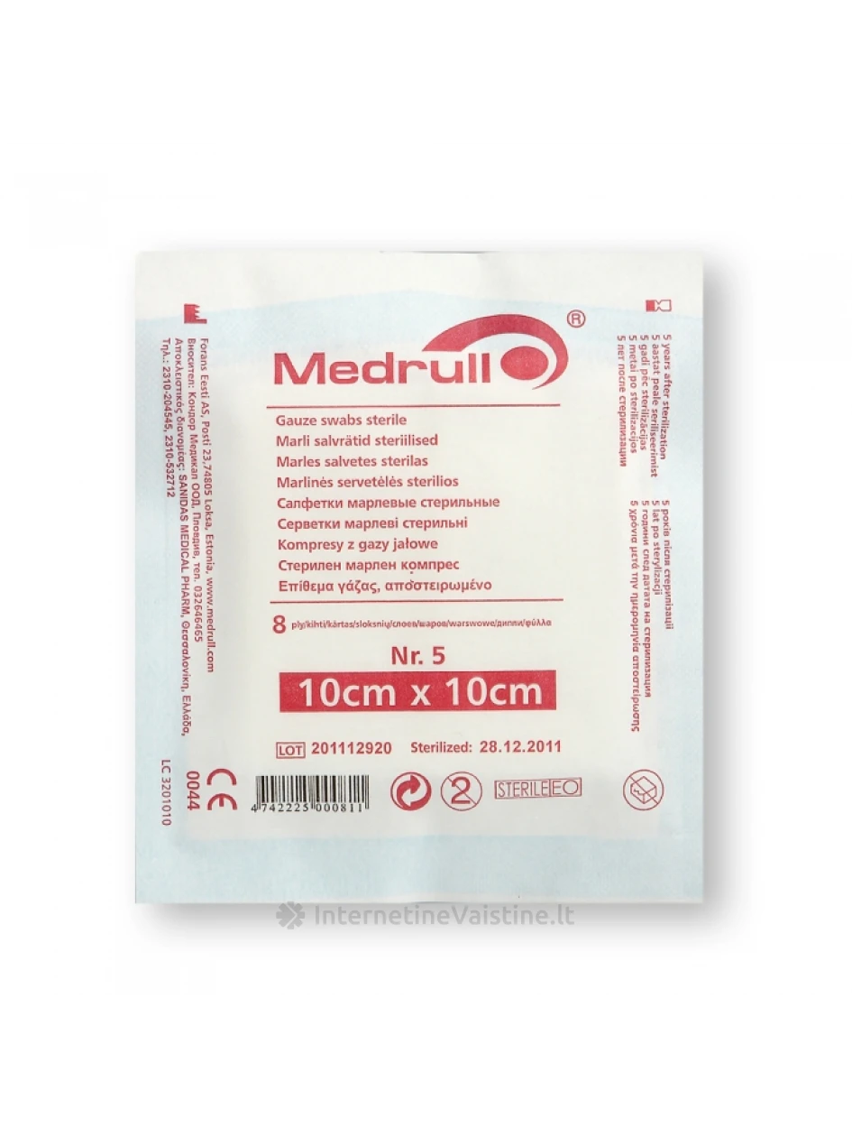 Sterilios servetėlės 8sl. 10cm x 10cm, 5 vnt. Medrull | internetinevaistine.lt