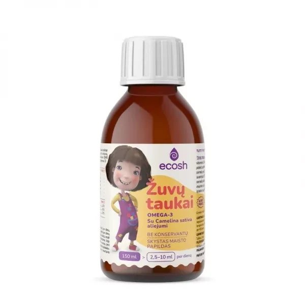 ECOSH maisto papildas žuvų taukai KAKĖ MAKĖ, su Camelina Sativa aliejumi, vaisių skonio, 150 ml