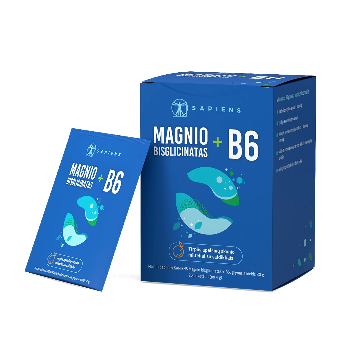 SAPIENS Magnio bisglicinatas + B6, 20 pakelių