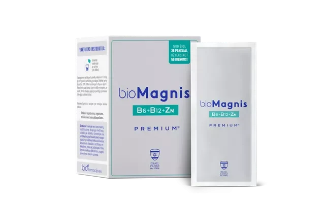 BIOFARMACIJA maisto papildas milteliais BIOMAGNIS PREMIUM + B6, B12 IR CINKAS, 28 pakelių
