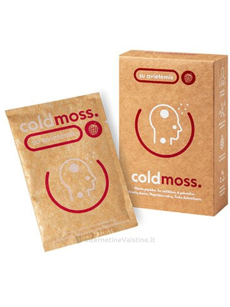 COLDMOSS milteliai geriamajam tirpalui aviečių skoniui 15g, 6 paketeliai (be cukr.) | internetinevaistine.lt